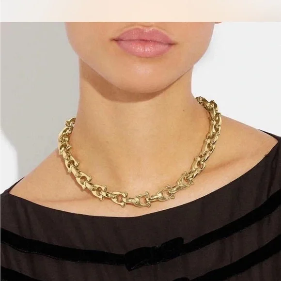 Coach Chunky Signature Chain Link Necklace With Light Pink Rhinestones. - Picture 4 of 6